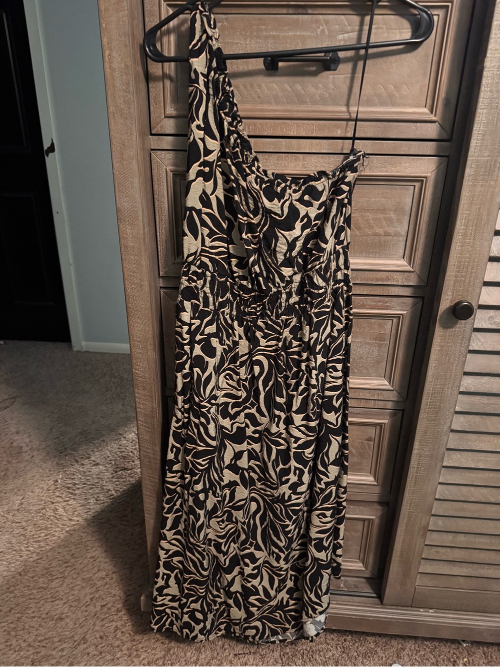 Maurices Black and Cream One-Shoulder Printed Maxi Dress with Abstract Swirl